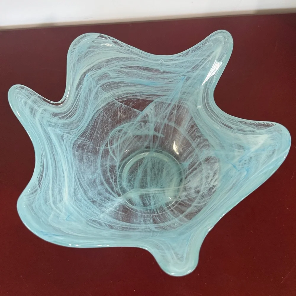 Art Glass Handkerchief Vase Blue and white Swirls Scalloped Edges 3.75" Tall - Picture 2 of 6